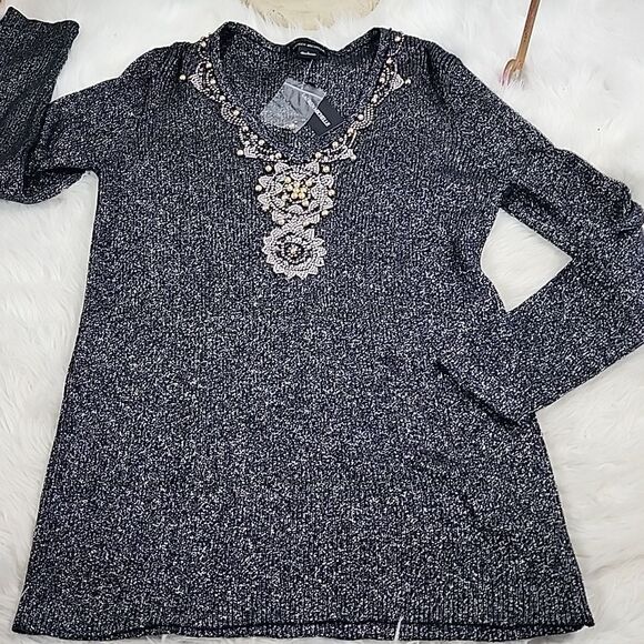 Metallic Beaded Sequin V Neck Sweater Size L - Picture 3 of 10